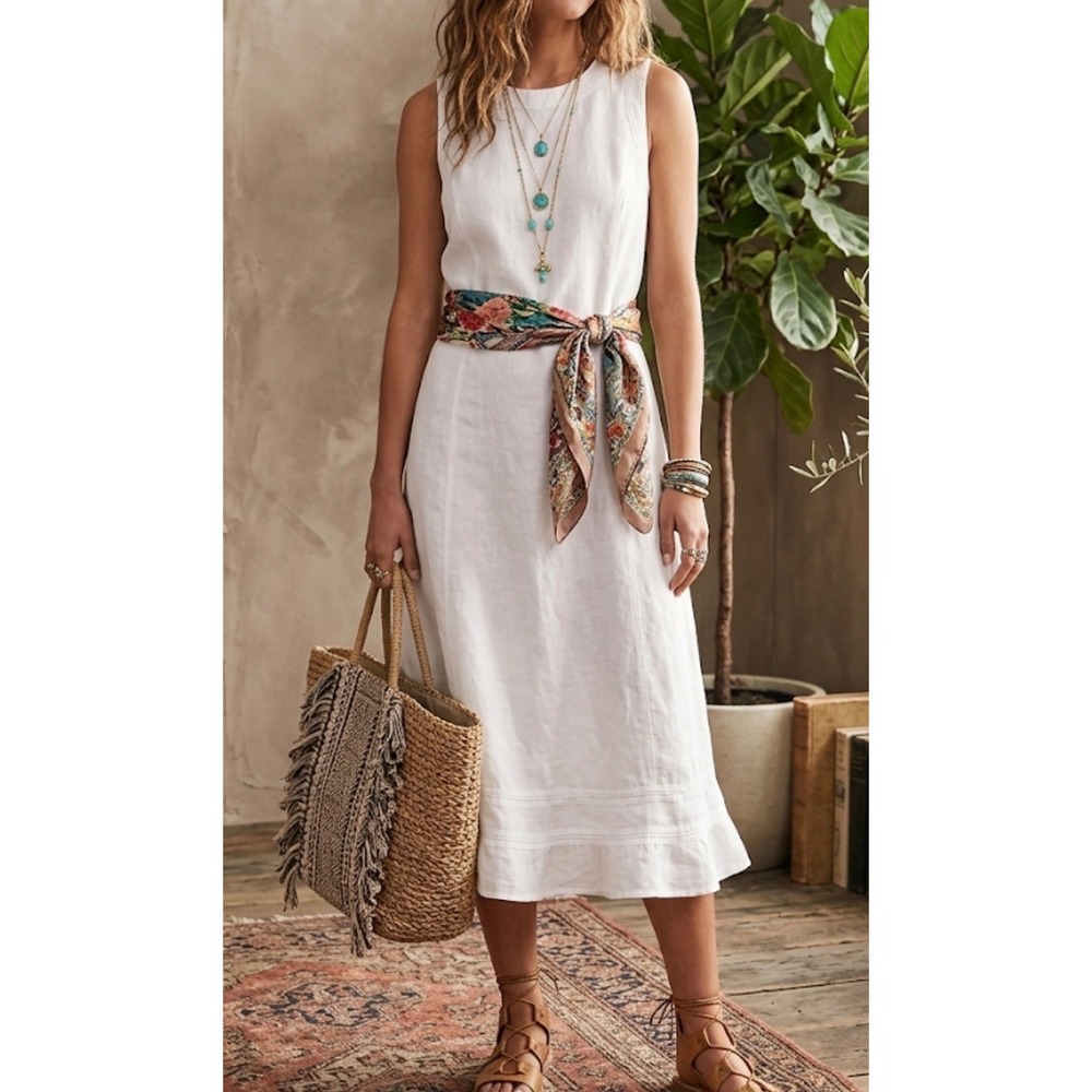 Malvin Hamburg Sz M 100% Linen Embroidered White Zip Shift Dress Germany Boho